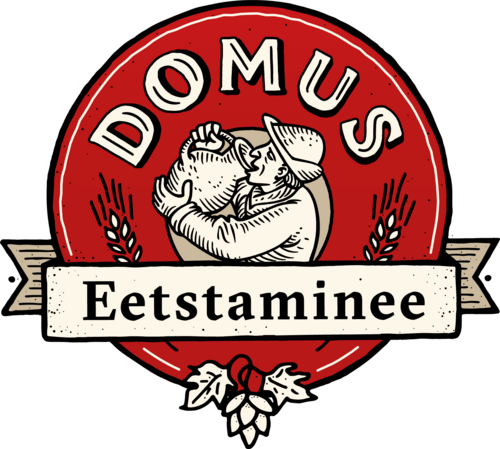 Rood-wit embleem met een brouwersfiguur en de tekst Domus Eetstaminee.