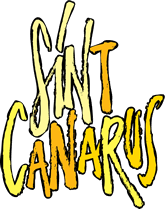 Geel handgeschreven woordmerk Sint Canarus met zwarte contour.