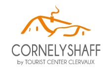 Oranje lijntekening van een gebouw met de tekst Cornelyshaff by Tourist Center Clervaux.