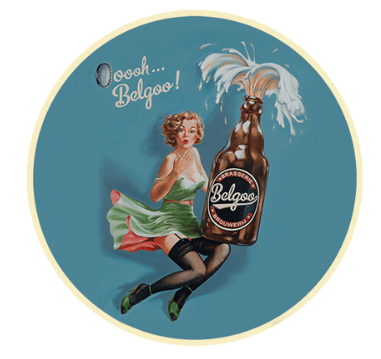 Rond etiket in retrostijl met een illustratie van een figuur met een bierfles en de tekst Belgoo.