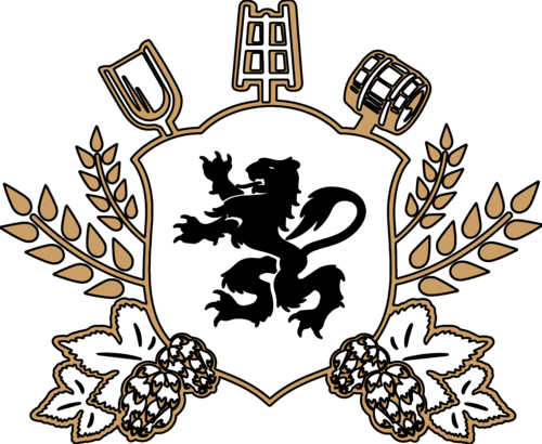 Wapenschild met een leeuw, brouwketels en hopranken in goud en zwart.