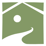 Groen beeldmerk in de vorm van een gestileerd huis met een punt.