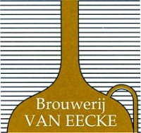 Goudkleurig Brouwerij Van Eecke-logo met lange hals op gestreepte achtergrond.