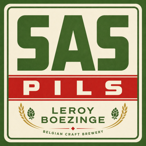 Logo van SAS Pils met groene letters, rode balk en tekst Leroy Boezinge op een crèmekleurig etiket.