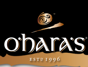 Logo van O'Hara's met wit woordmerk, gouden spiraal en de tekst ESTD 1996 op zwarte achtergrond.