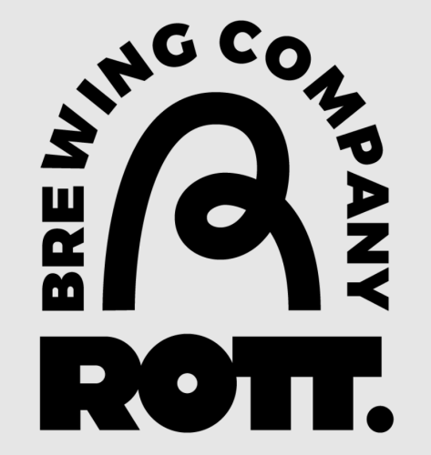Zwart ROTT Brewing Company-logo met boogtekst, abstract symbool en vet woordmerk.