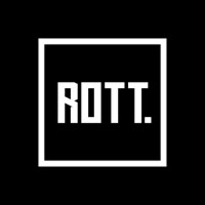 Oude logo: Wit ROTT-logo in een vierkant kader op een zwarte achtergrond.
