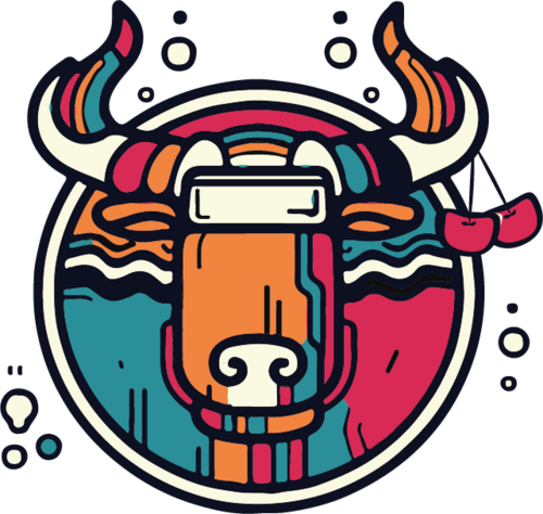 Gekleurde stierenkop met bierfles als snuit, logo van Cerveceria de Zarra