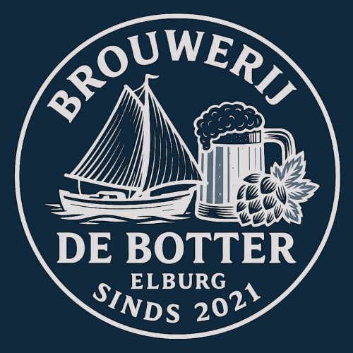 Rond logo van Brouwerij De Botter met zeilbotter, bierpul, hop en tekst Elburg sinds 2021.