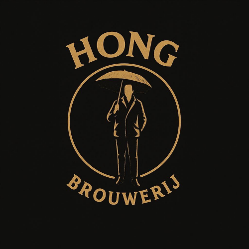 Goudkleurig Hong Brouwerij-logo met silhouet van een man met paraplu op zwarte achtergrond.