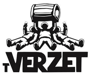 Zwart-wit logo van Brouwerij 't Verzet met een biervat en vijf figuren met een bierglas boven de tekst 't Verzet