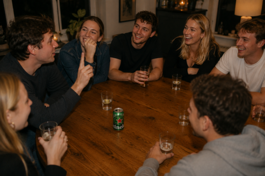 Groep vrienden zit glimlachend rond een houten tafel, genietend van drankjes en spelen het drankspel Juffen