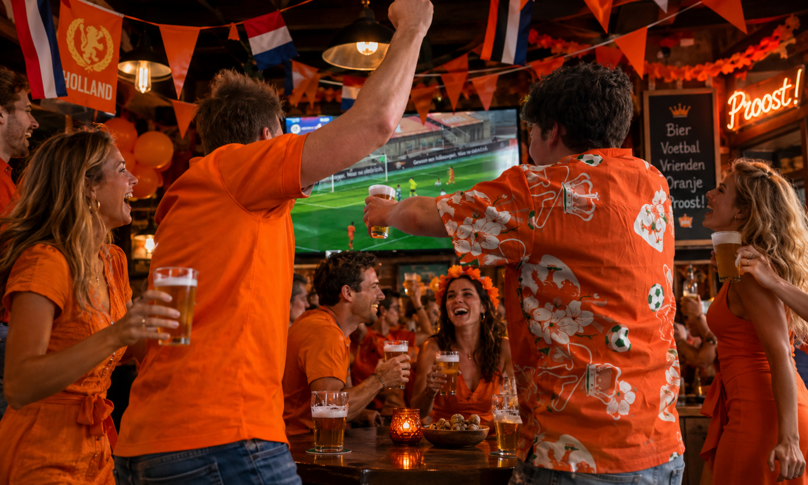 Groep mensen in oranje kleding viert tijdens een voetbalwedstrijd in een café.