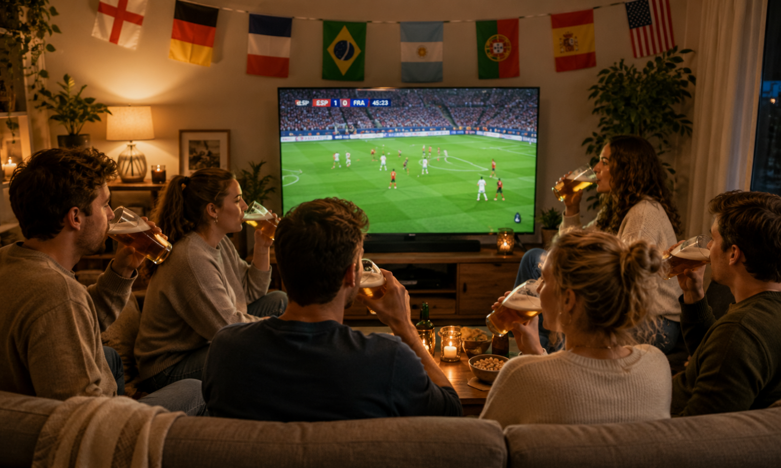 Groep vrienden drinkt bier terwijl ze een voetbalwedstrijd op televisie kijken.