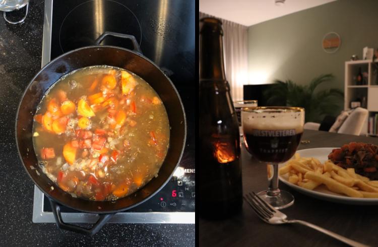 Stoofpotje in het bier en de bouillon en foto van Vlaamse Stoof met Westvleteren 12 Stoofpotje in het bier en de bouillon en foto van Vlaamse Stoof met Westvleteren 12