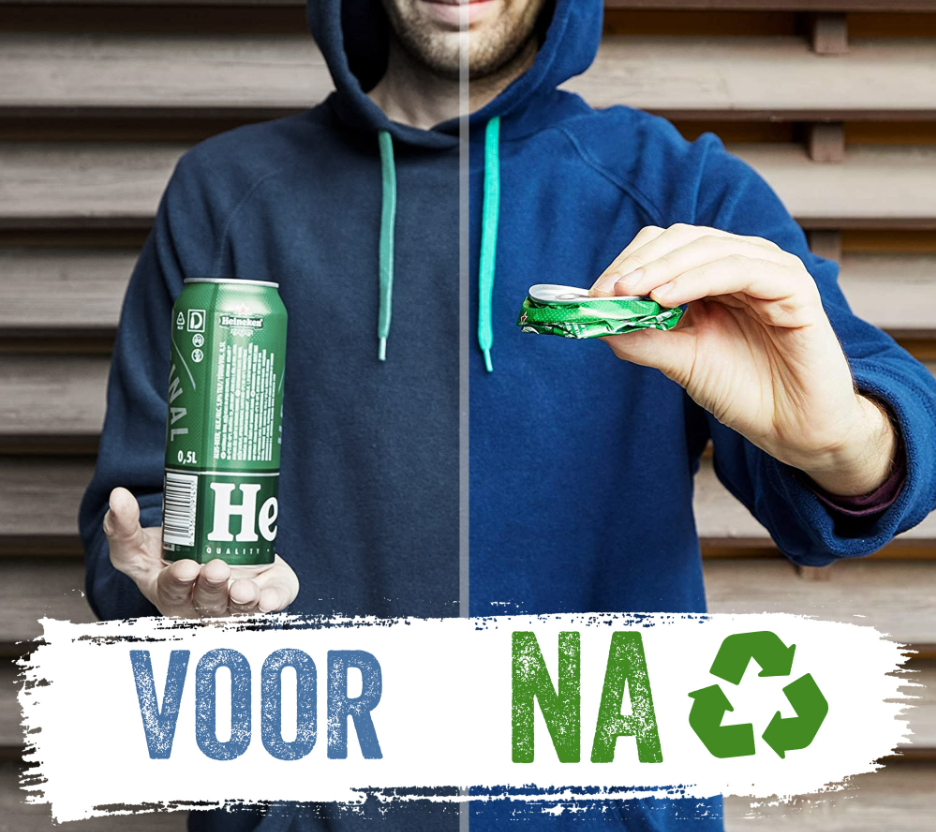 Blikje voor en na het door de blikjespers is gehaald