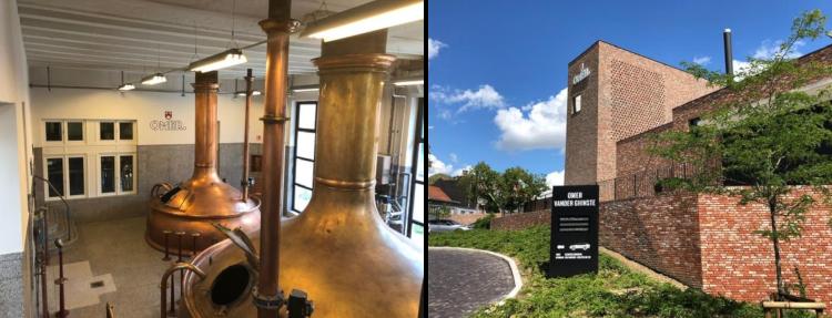 Links: Oude brouwzaal OMER vander Ghinste / Rechts: Nieuwe brouwerij van de buitenkant