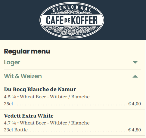 Online biermenu van Cafe de Koffer