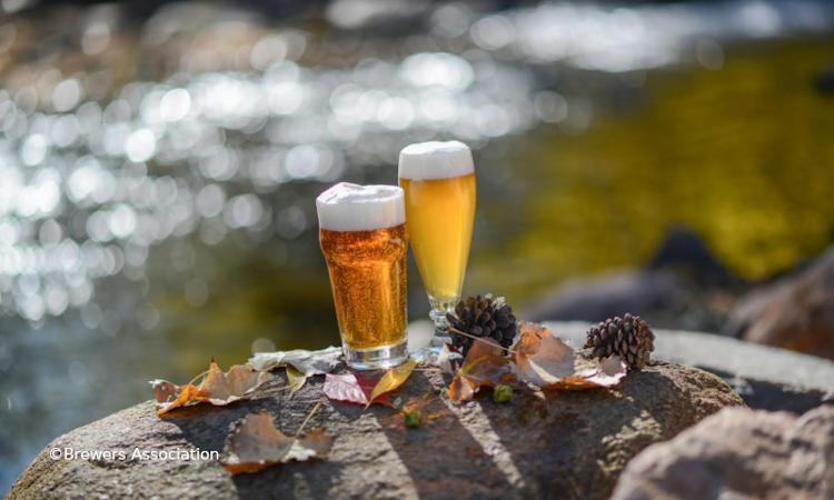 Bier in de natuur Twee biertjes op een steen in de natuur met een rivier op de achtergrond