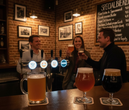 3 speciaalbierglazen op de bar met in de achtergrond 2 mannen en 1 vrouw die proosten met bier in de hand. Op de muur een krijtbord met een speciaalbiermenu