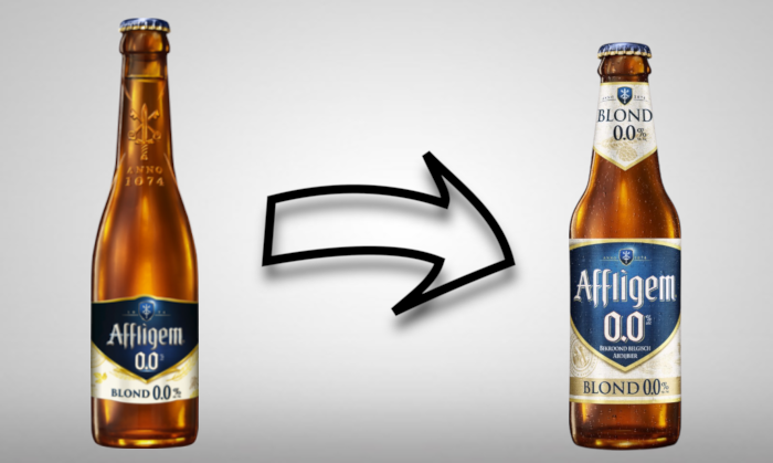 Affligem oneway flesje met een pijl die wijst naar de nieuwe statiegeld fles