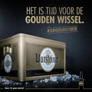 Nieuw gouden Warsteiner krat banner met de tekst: Tijd voor de gouden wissel