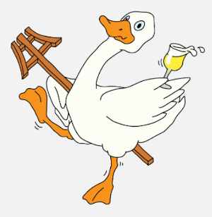Gulzige Gans tekening met bier en roerstok Gulzige Gans tekening met bier en roerstok