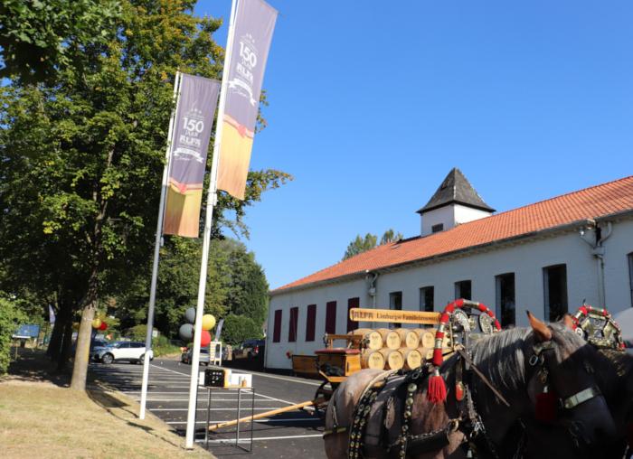 Paardenspan met wagen met fusten Alfa bier