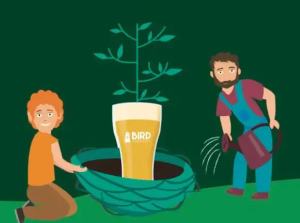 Cartoon van Bird Brewery brouwers Ralph en Rik die een boom planten