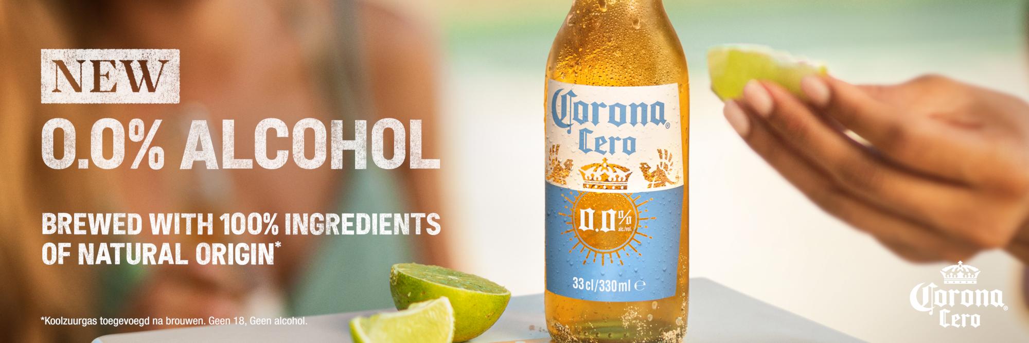 Corona Cero 0.0 flesje met teksten over de lancering van het alcoholvrije bier