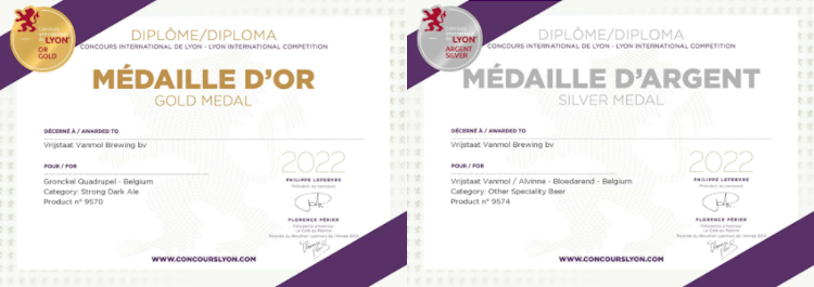 Goud en zilver certificaten uit Lyon voor Brouwerij Vrijstaat Vanmol