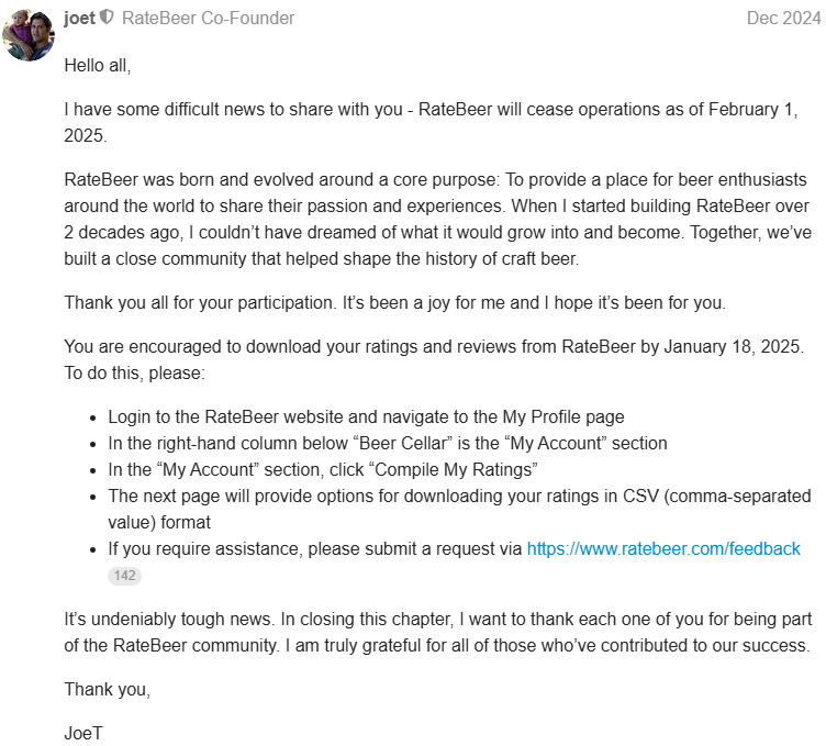 Joe Tucker afscheidsbericht Ratebeer