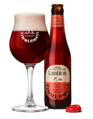 Timmermans Kriek Black Pepper flesje en glas
