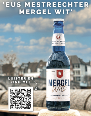 Mergel Wit bier met QR code om het lied te luisteren