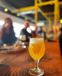 glas bier op de bar in het nieuwe Walhalla proeflokaal