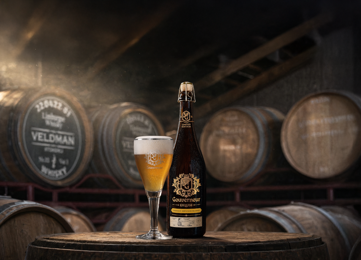 Gouverneur Exquise Whisky Infused Blond fles en glas in de vatkelder van de Veldman Stokerij