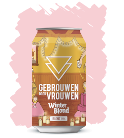 gebrouwen door vrouwen blikje met roze achtergrond