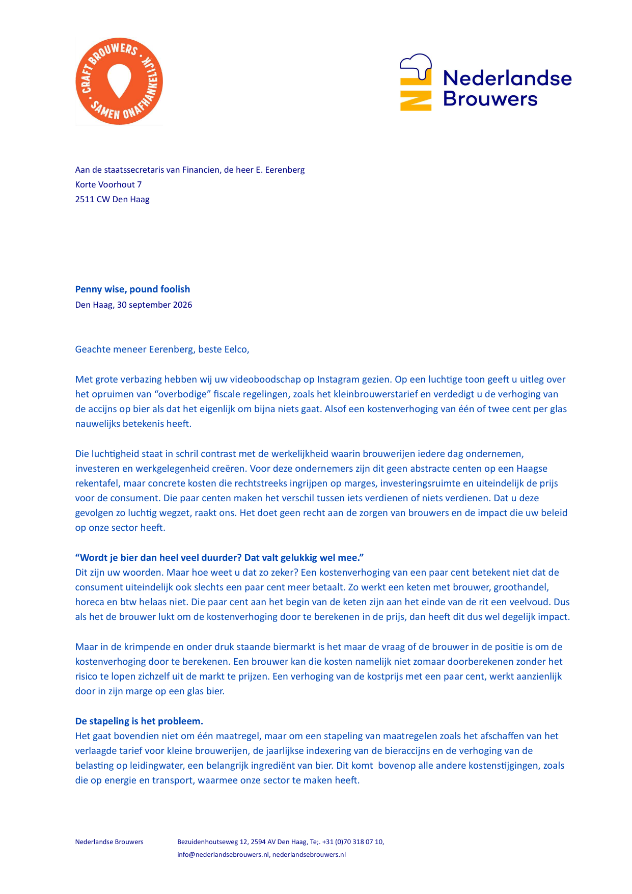 Pagina 1 van de open brief van Nederlandse Brouwers en CRAFT aan staatssecretaris Eerenberg