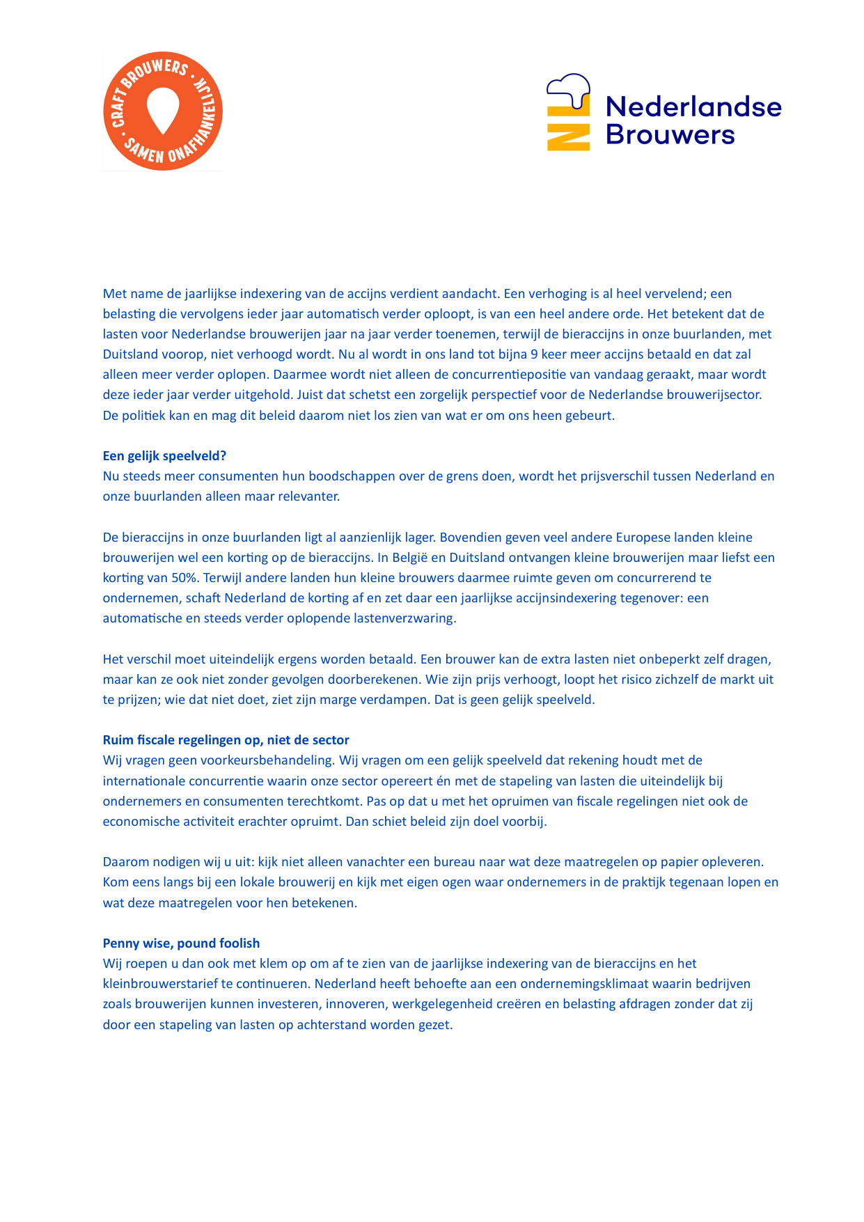 Pagina 2 van de open brief van Nederlandse Brouwers en CRAFT aan staatssecretaris Eerenberg