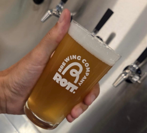 rott brewing company glas wordt in een hand gehouden met op de achtergrond roestvrijstalen wand met taps.