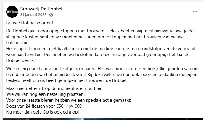 Brouwerij de Hobbel gestopt in 2023