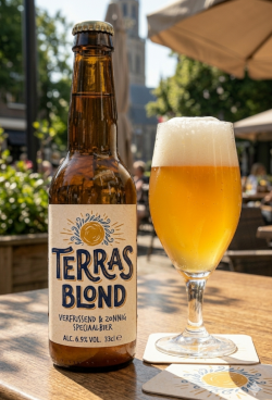 Terras Blond bier flesje en glas op het terras