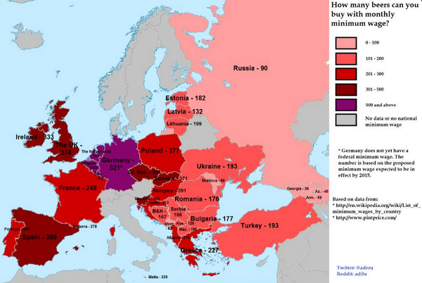 Hoeveel biertjes met een minimumloon per Europees land