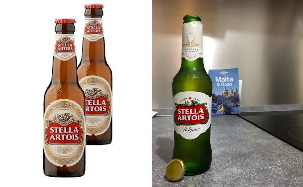 Bruine Stella Artois flesjes in België en groene voor de export