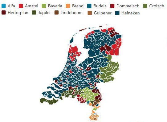 Populairste biermerk per gemeente op basis van het distributie-aandeel in de horeca