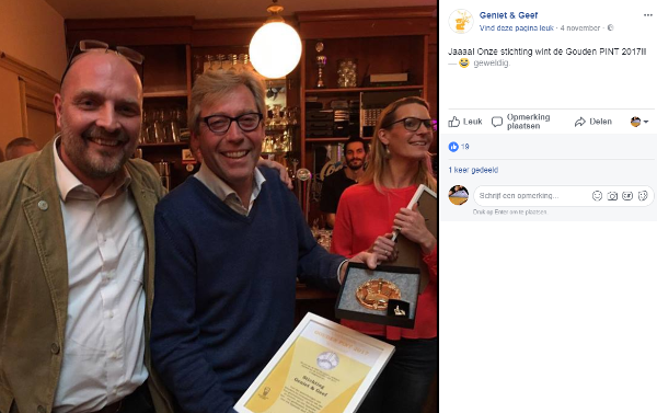Geniet en Geef FB post na winnen Gouden Pint 2017
