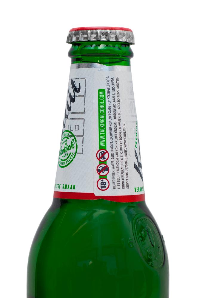 Fles Grolsch met de educatieve logo\