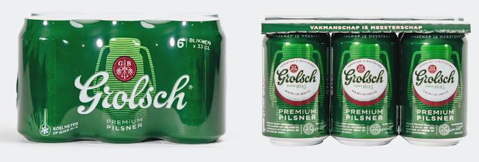 Grolsch sixpack met plastic wikkel en het nieuwe topclip karton