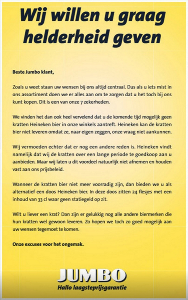 Jumbo over Heineken leveringen