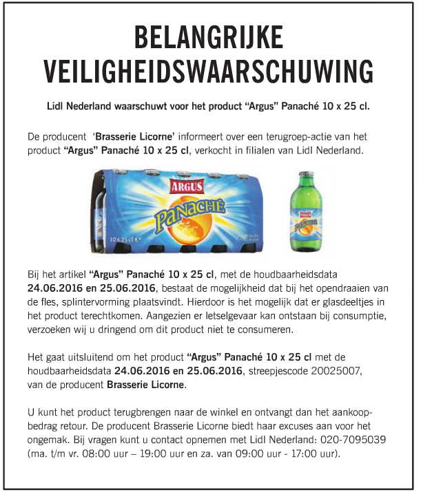 Waarschuwuwing van Lidl: glassplinters in bier Argus Panache